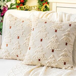 Cozy Cream Embroidered Holiday Tree Throw Pillow